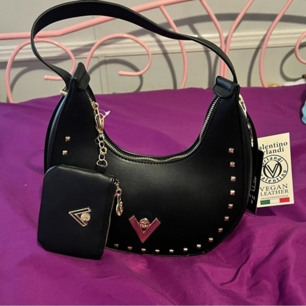 NWT Valentino Orlandi Vegan Leather Shoulder Bag + Wallet Set (Black/Gold)